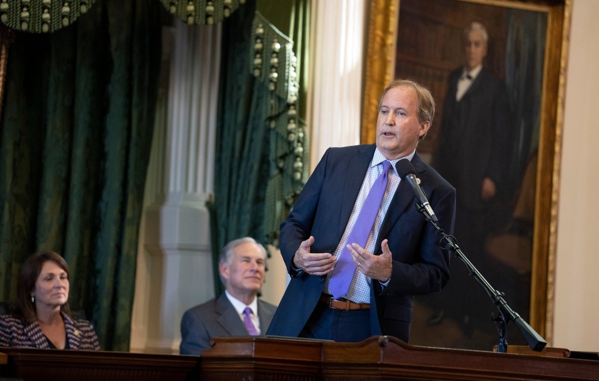 Texas Attorney General Ken Paxton speaks to his supporters after being sworn in to office for a third term in Jan. 10. The state’s embattled top lawyer is facing impeachment in the Legislature.