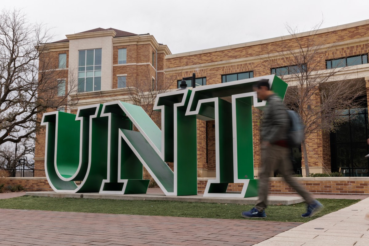 Students walk the University of North Texas campus in Denton on Feb. 24, 2022.