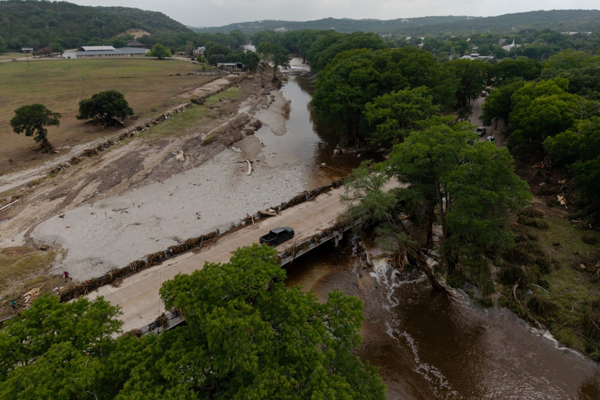 Flood damage around a bridge in Hunt on July 5, 2025.
