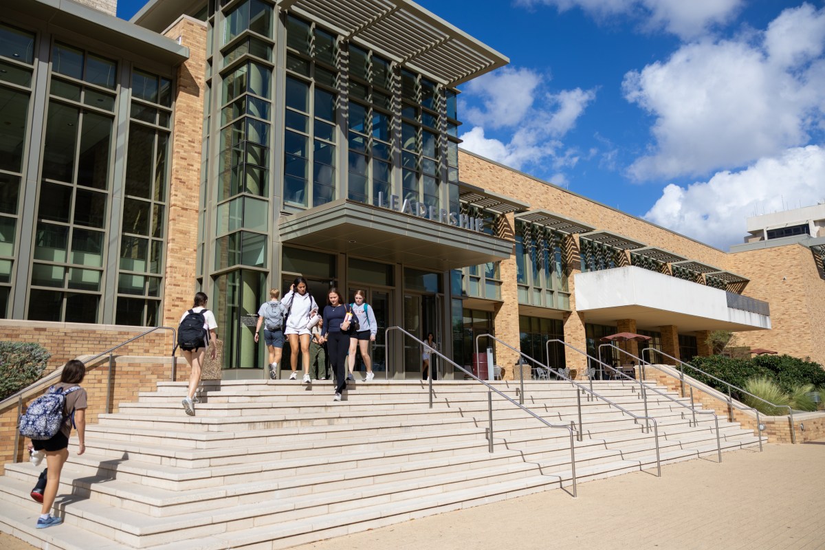 Students walk past the Memorial Student Center on the Texas A&M University campus in College Station on Nov. 13, 2025.