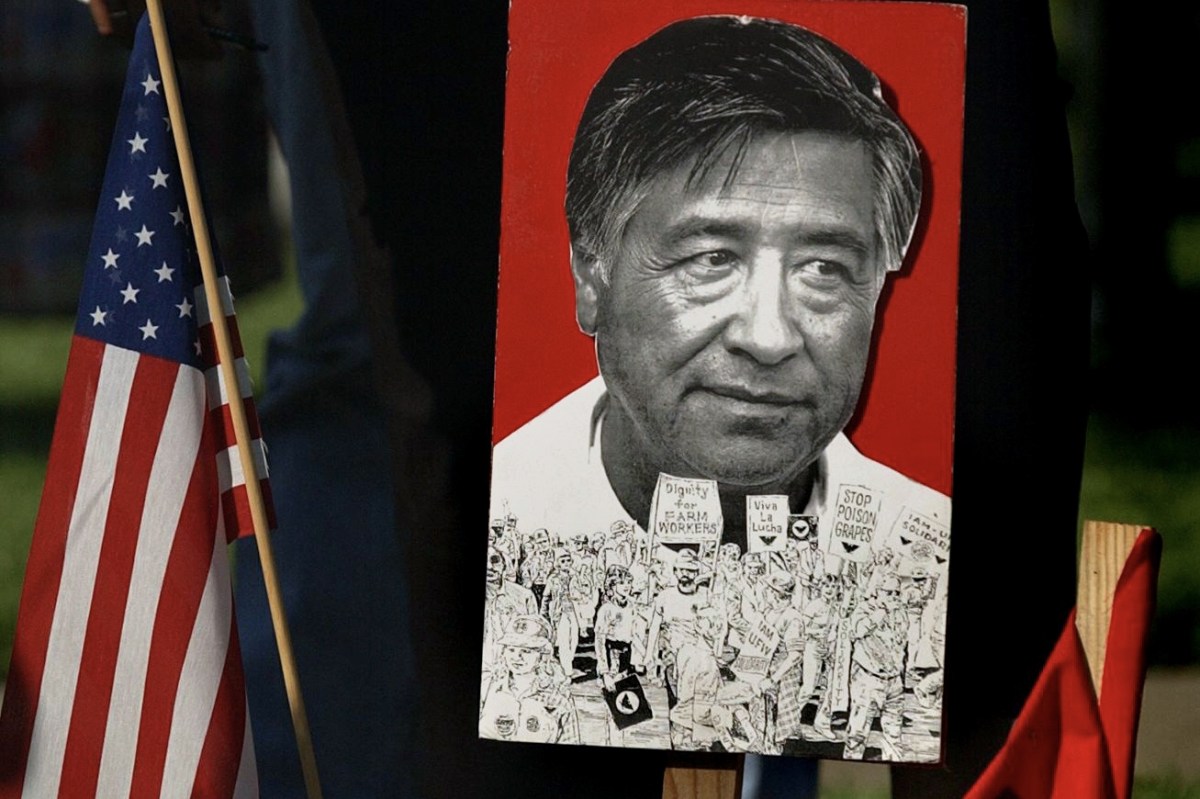 A portrait of the late Cesar Chavez at Courthouse Park in Merced, California before the beginning of the United Farm Workers March on August 15, 2002.