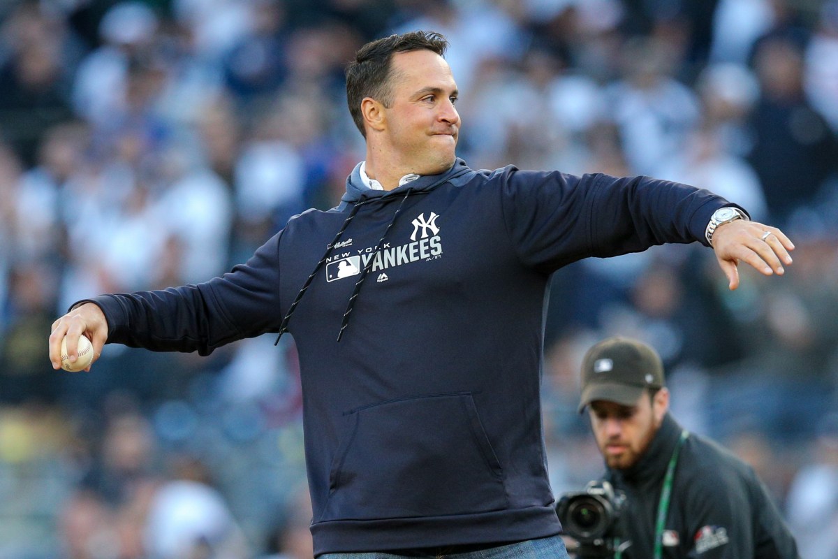 Former New York Yankees first baseman Mark Teixeira throws out a first pitch prior to the game of the Minnesota Twins against the New York Yankees in game two of the ALDS playoff baseball series at Yankee Stadium on Oct 5, 2019 in Bronx, New York.