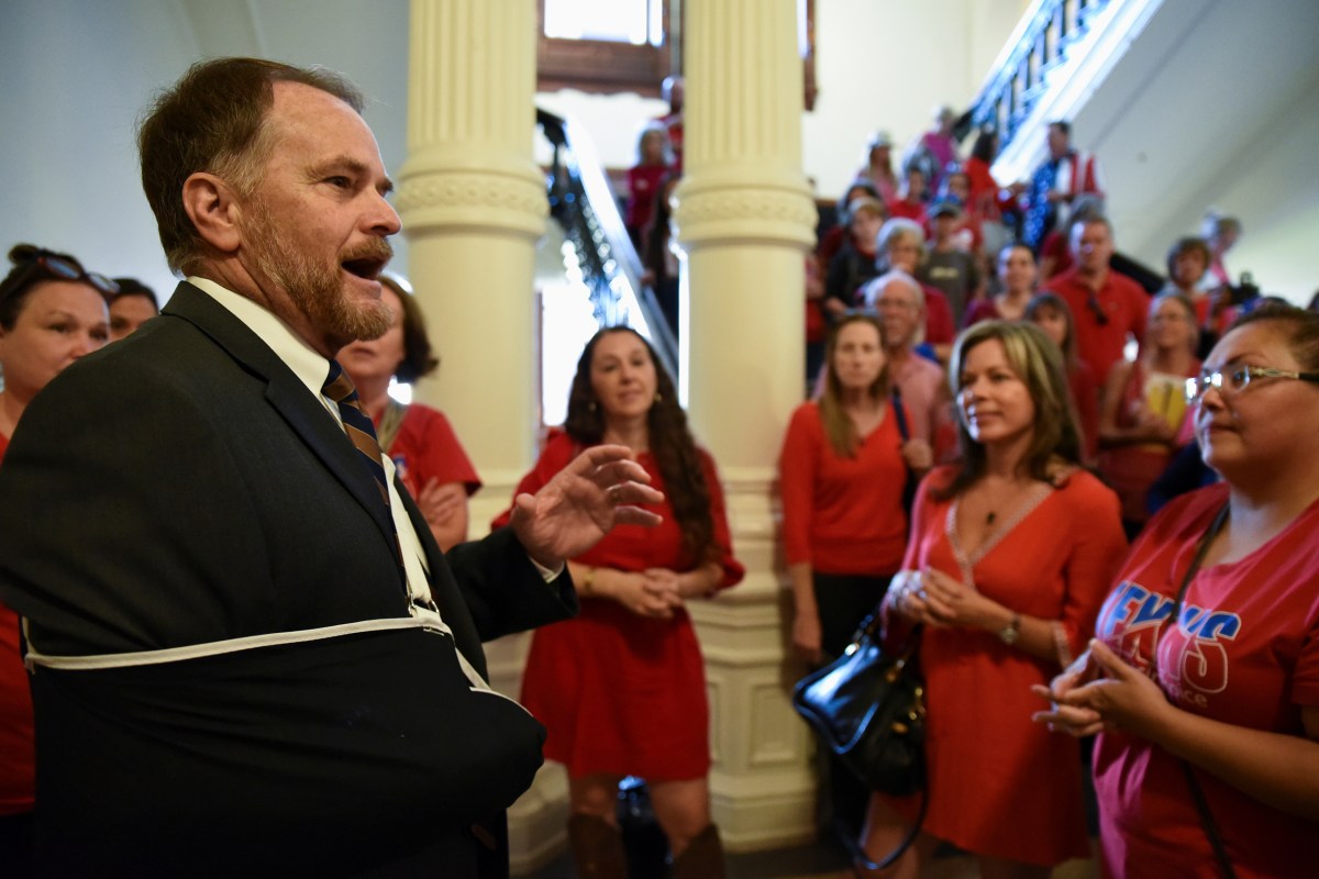 State Rep. Steve Toth, R-Conroe, speaks to protesters from Texans for Vaccine Choice as the Texas House convenes a third special legislative session for controversial legislative items at the Texas Capitol in Austin on Sept. 20, 2021.