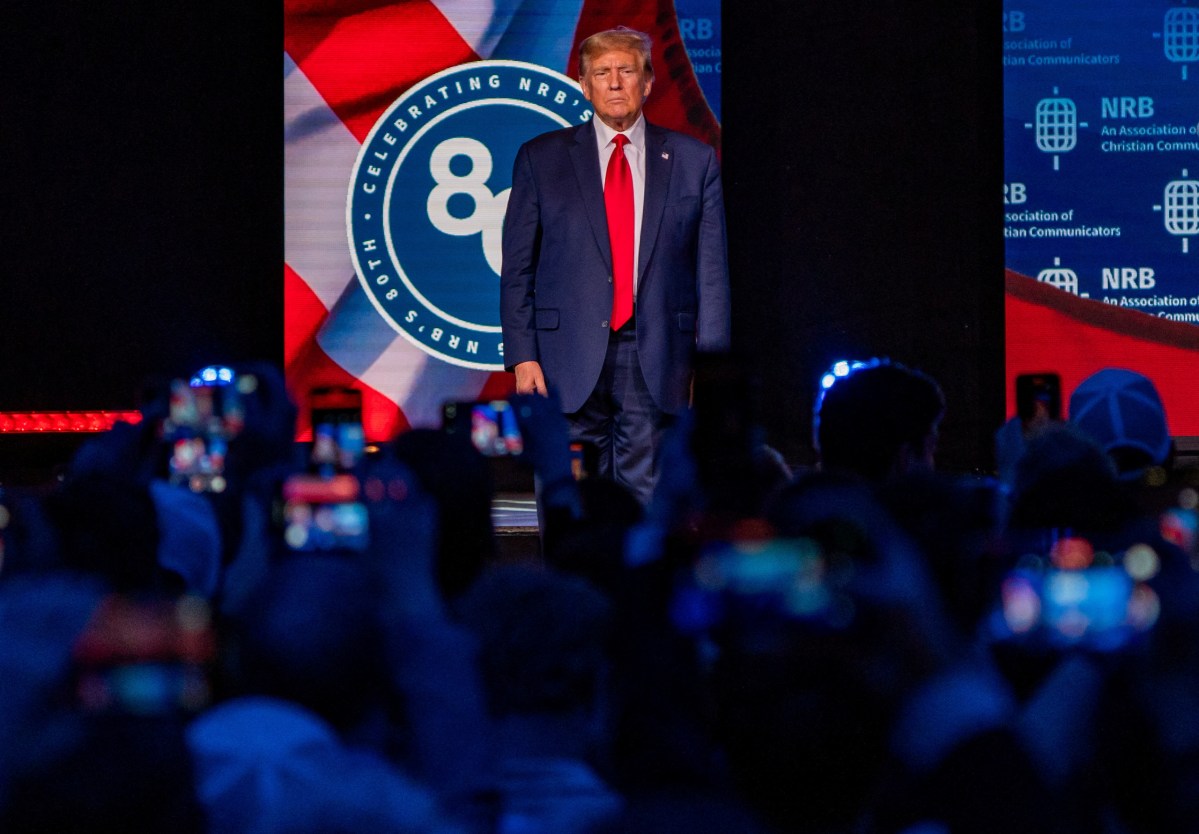 President Donald Trump addresses the 2024 National Religious Broadcasters Association International Christian Media Convention, as part of the NRB Presidential Forum in Nashville, Tennessee, on Feb. 22, 2024.