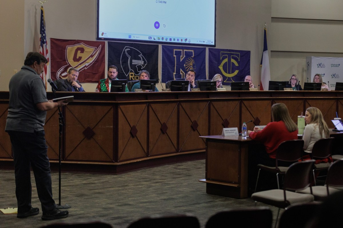 Keller Independent School District’s Board of Trustees listens to public comment during a meeting on Dec. 19. Board members are elected using an at-large voting system that dilutes the power of voters of color, according to a lawsuit.