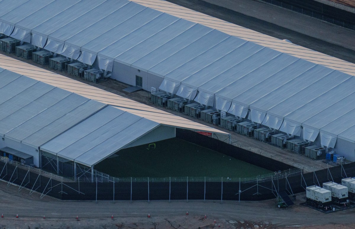 A small outdoor soccer field at the end of one of the tent structures at the El Paso Camp East Montana immigration detention facility at Fort Bliss in El Paso on Sunday, Sept. 7, 2025.