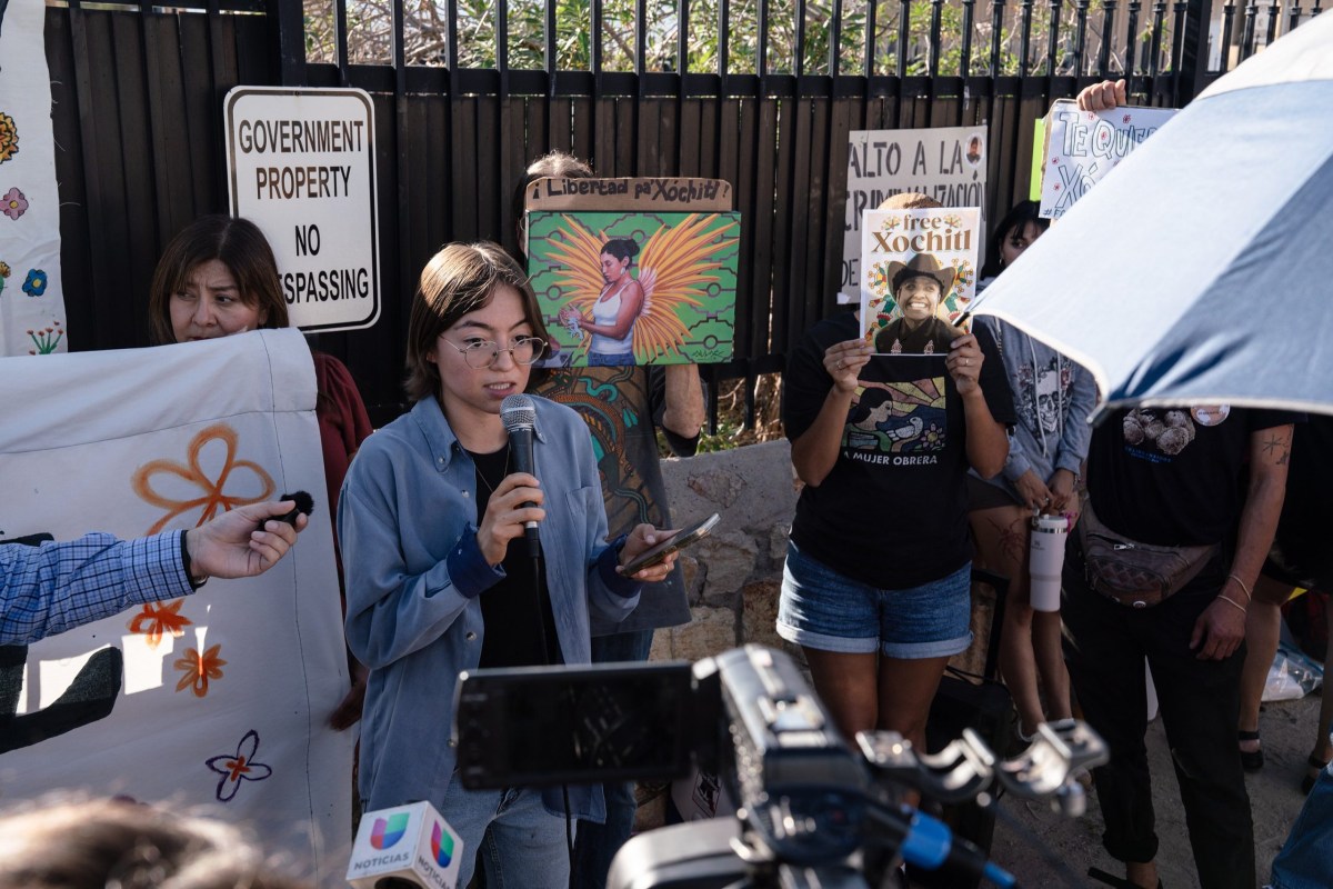 Desiree Miller, 25, the partner of Catalina “Xochitl” Santiago, a DACA recipient detained by immigration agents at El Paso International Airport in August, speaks at a rally for Xochitl’s release outside of the El Paso Service Processing Center on Wednesday, Sept. 10, 2025.
