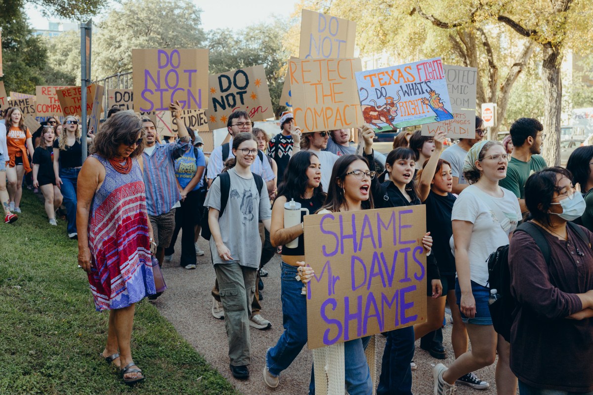 Students gather on the UT-Austin campus to protest Trump’s education compact on Nov. 5, 2025.