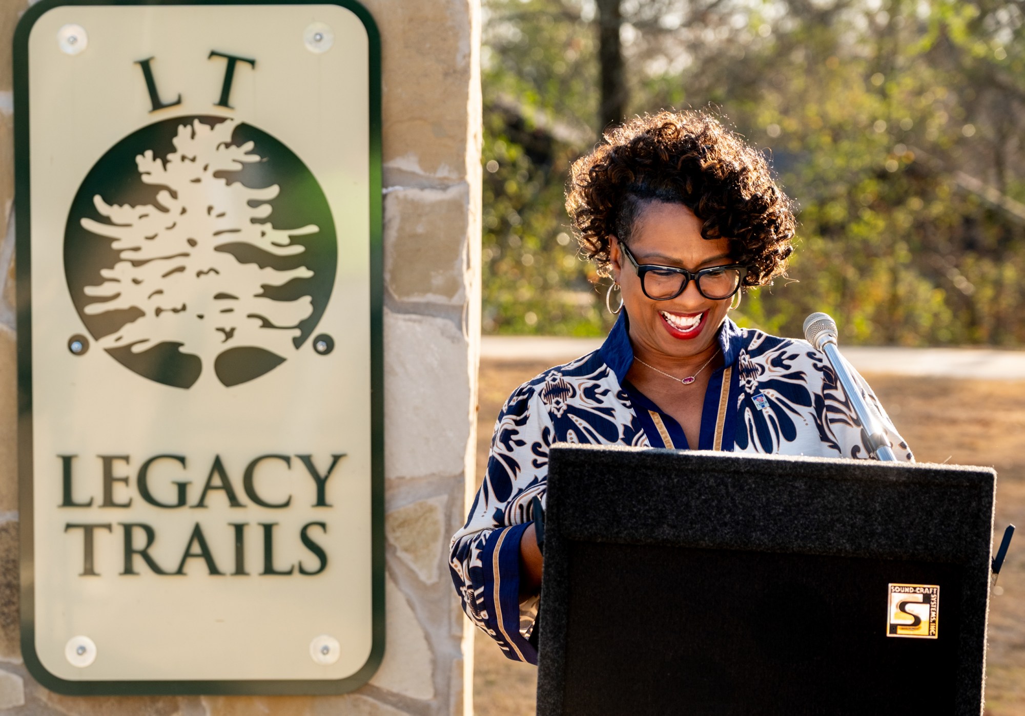 Council member Petra Hawkins speaks during a ribbon cutting ceremony for a new section of the Legacy Trails walking trail, on Jan. 6, 2025, in Tyler.