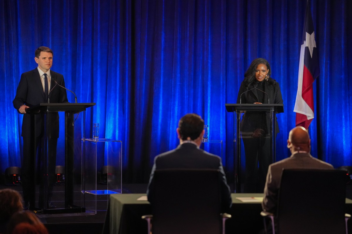 State Rep. James Talarico, left, and U.S. Rep. Jasmine Crockett, Democratic primary candidates for U.S. Senate, participate in a debate at the Texas AFL-CIO COPE Convention in Georgetown on Saturday, Jan. 24, 2026.