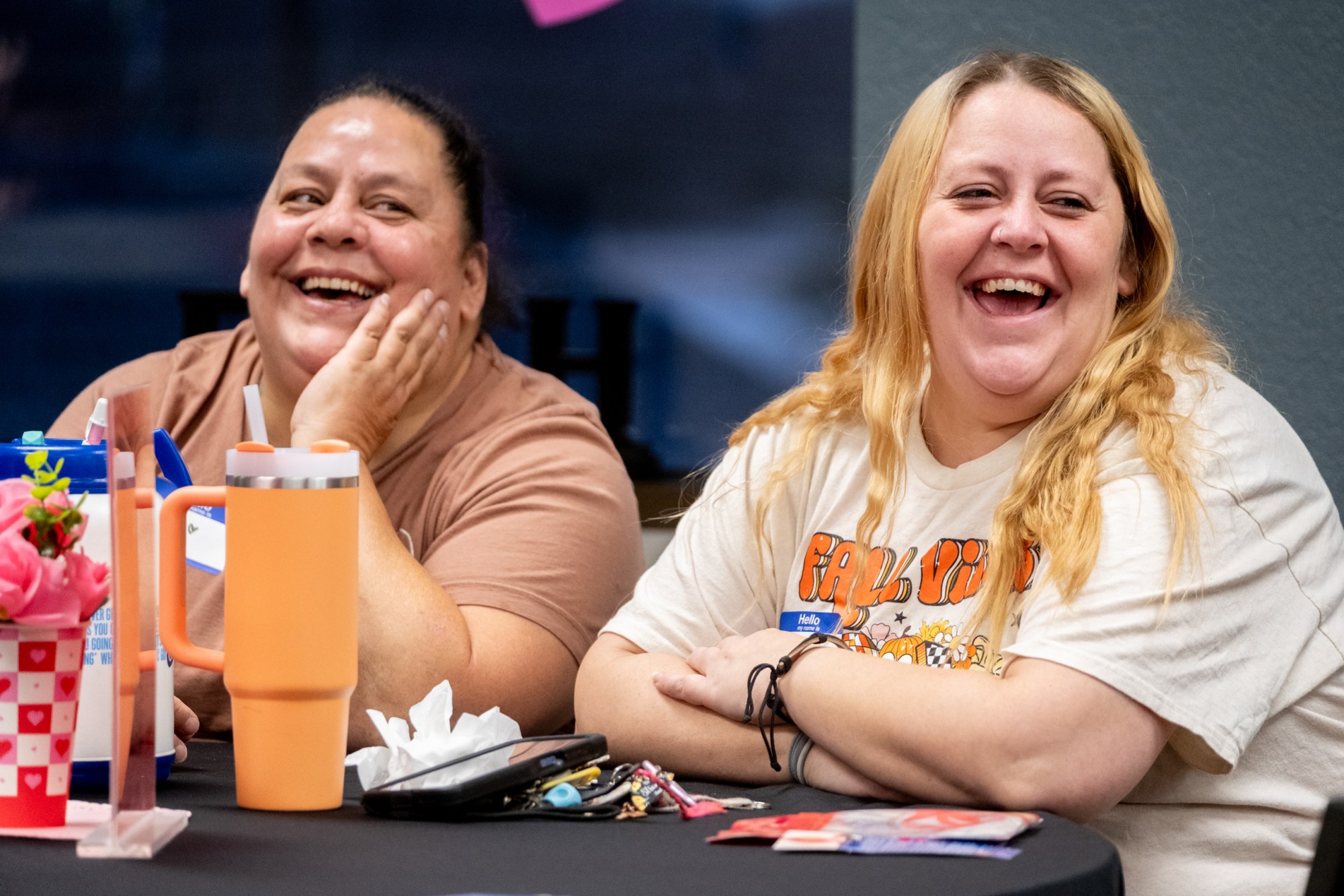 Diana Rodriguez and Mistie Lorenz attend a SHINE community support group for mothers on Feb. 9, at Marvin Methodist Church in Tyler.