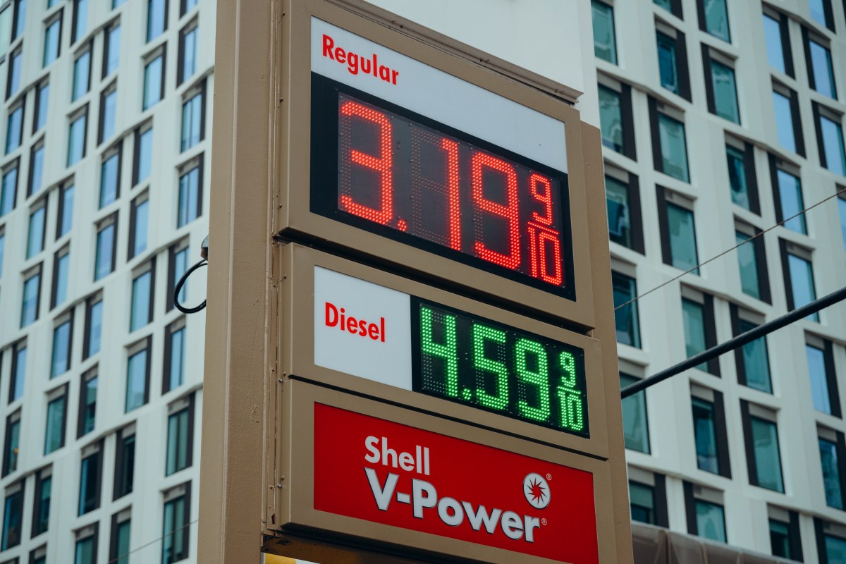Gas and diesel prices displayed at a Shell gas station in Austin on March 10, 2026.