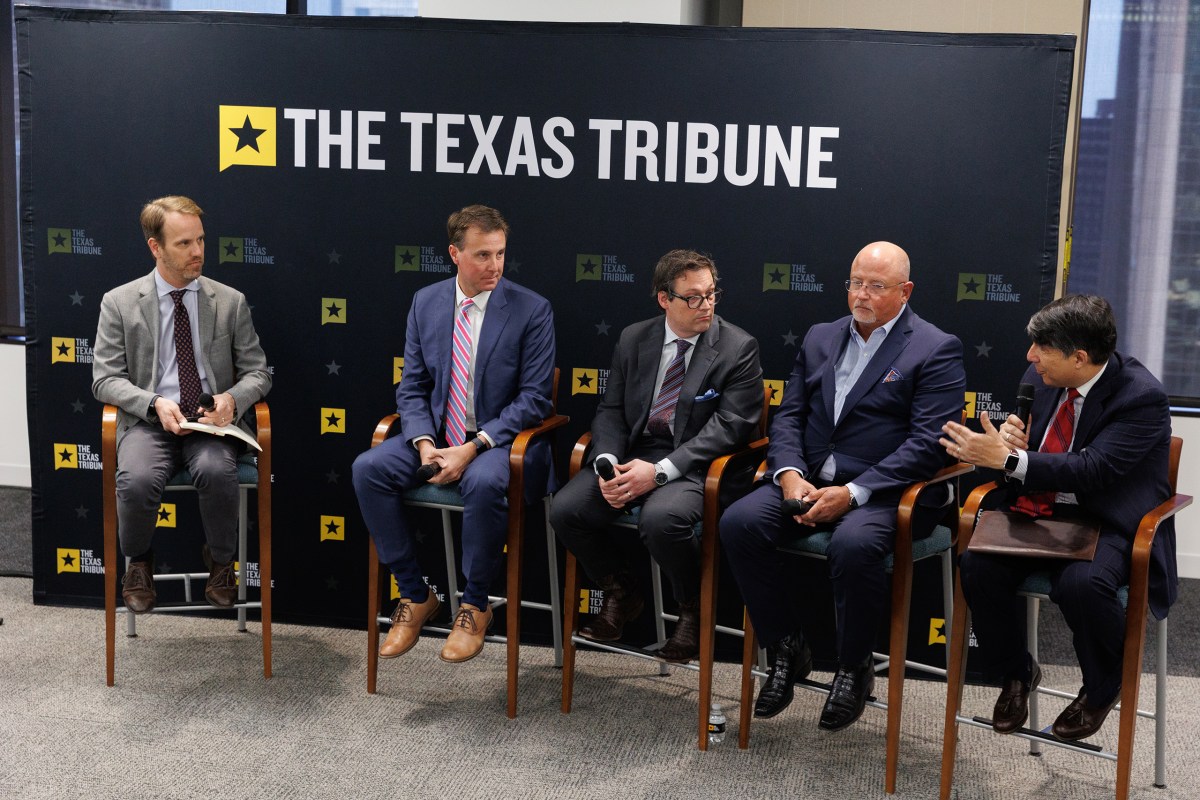 John Sepehri, of counsel at Foley and Lardner LLP, answers a question alongside Ryan Patrick, CEO of Texans for Lawsuit Reform, Chris Babcock, president at Alliance for Corporate Excellence, and Brian Page, managing director at JPMorganChase, during The Texas Tribune’s Y’all Street event, moderated by Tribune Editor-in-Chief Matthew Watkins and held at the Dallas Regional Chamber in Dallas on March 24, 2026.