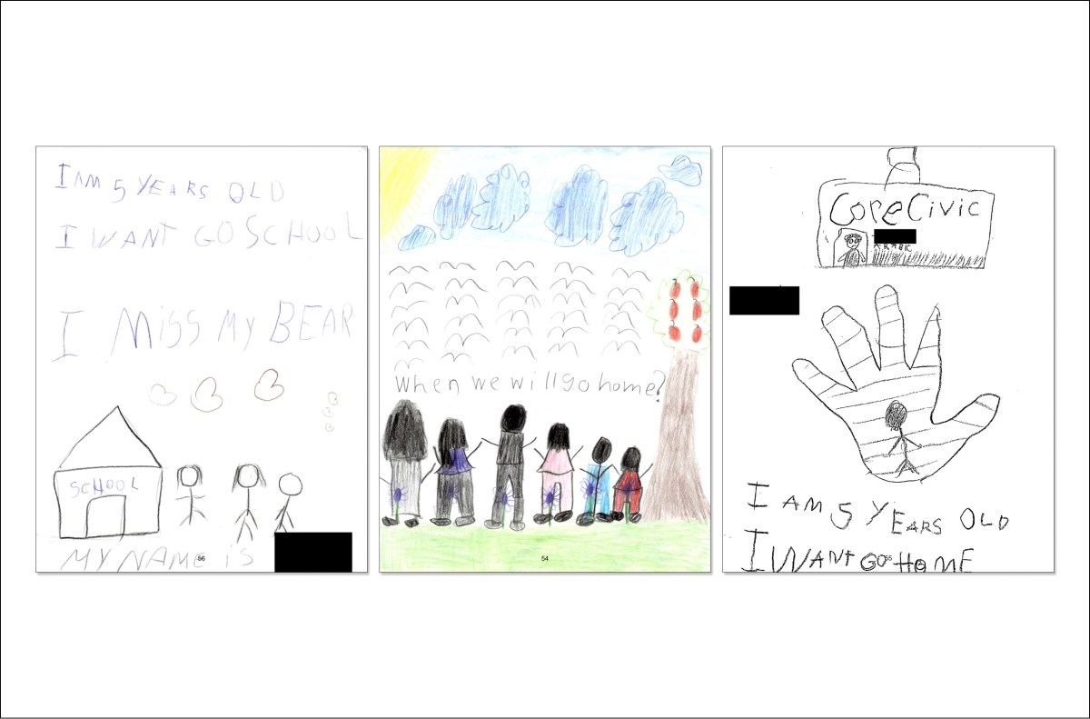 Drawings created by Hayam El Gamal’s 5-year-old twins and 9-year old daughter. The Egyptian family has been imprisoned at Texas’ Dilley Immigration Processing Center for more than nine months.