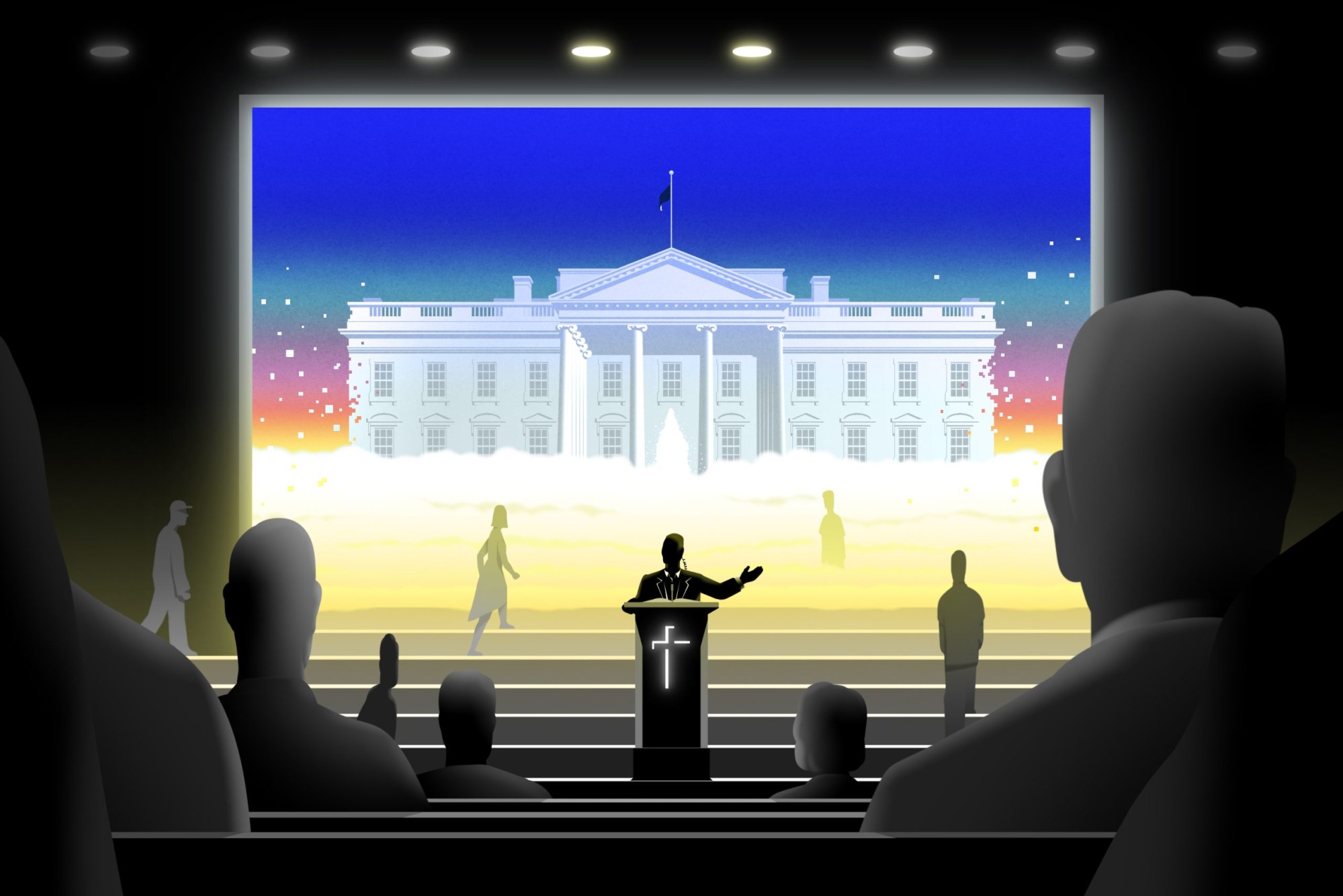 An illustration of a pastor standing at a podium in front of a large colorful projection of the White House floating on a bed of clouds.