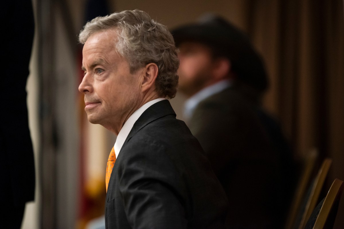 Don Huffines listens to a question during a Republican gubernatorial candidate forum in College Station on Jan. 19, 2022.