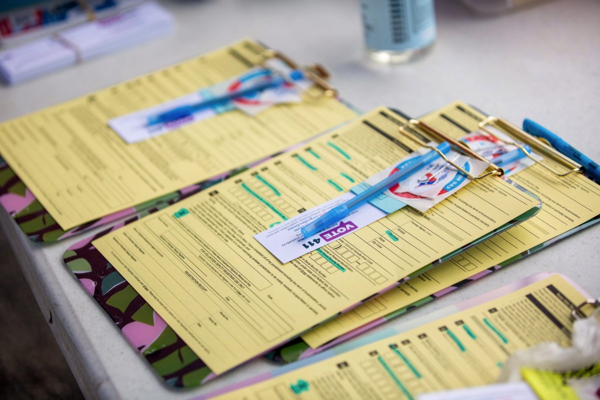Voter registration forms at a registration event in Austin on Sept. 27, 2020.